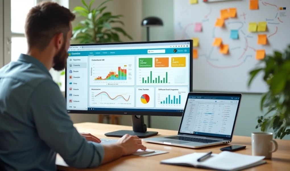 Empresária analisando painel de CRM em escritório moderno