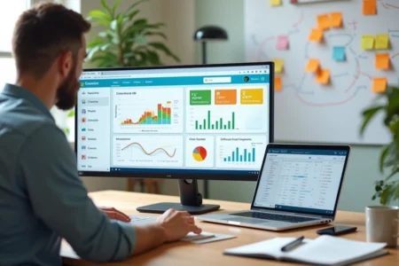 Empresária analisando painel de CRM em escritório moderno