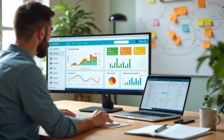 Empresária analisando painel de CRM em escritório moderno
