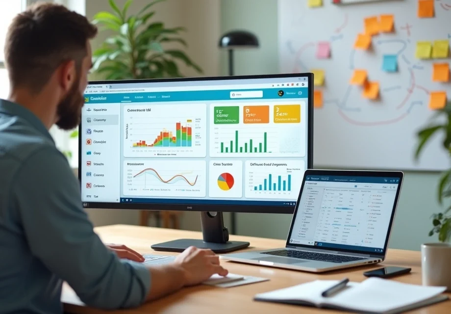 Empresária analisando painel de CRM em escritório moderno