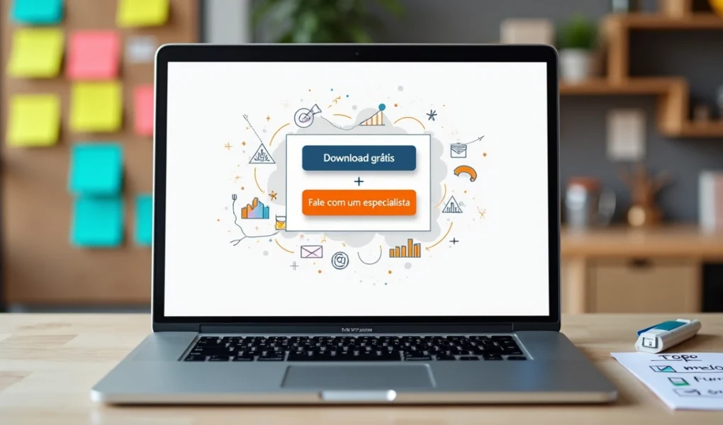 Tela de computador exibindo botões de CTA coloridos em uma página de marketing digital