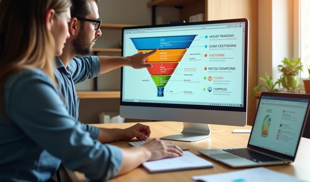 Mesa de escritório com equipe pequena avaliando funil de vendas colorido na tela do computador