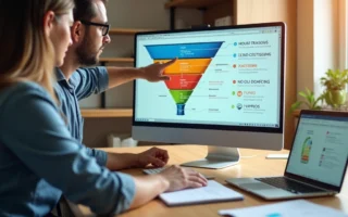 Mesa de escritório com equipe pequena avaliando funil de vendas colorido na tela do computador