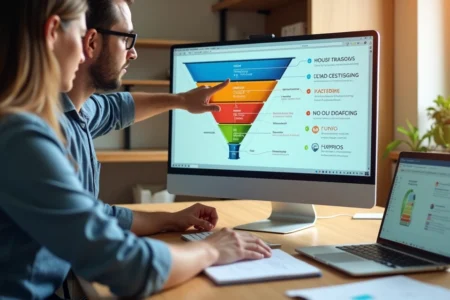 Mesa de escritório com equipe pequena avaliando funil de vendas colorido na tela do computador