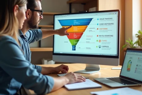 Mesa de escritório com equipe pequena avaliando funil de vendas colorido na tela do computador