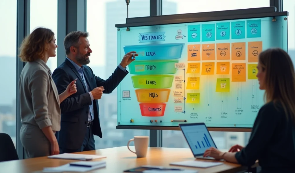 Gestores analisando quadro colorido com etapas do funil de vendas e leads em destaque