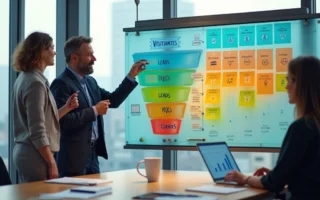 Gestores analisando quadro colorido com etapas do funil de vendas e leads em destaque