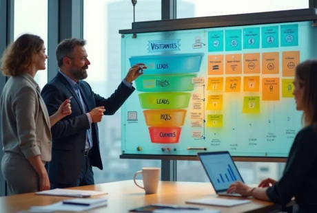 Gestores analisando quadro colorido com etapas do funil de vendas e leads em destaque
