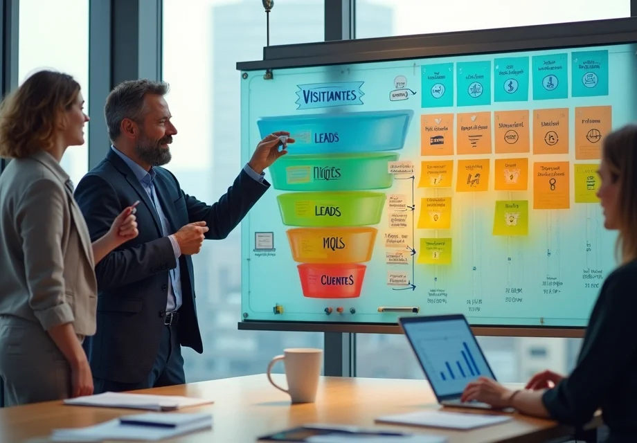 Gestores analisando quadro colorido com etapas do funil de vendas e leads em destaque