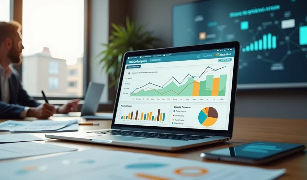 Profissional analisa painel de SEO com gráficos coloridos em notebook