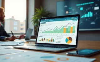 Profissional analisa painel de SEO com gráficos coloridos em notebook