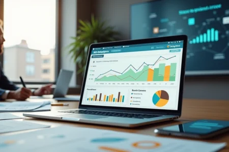 Profissional analisa painel de SEO com gráficos coloridos em notebook