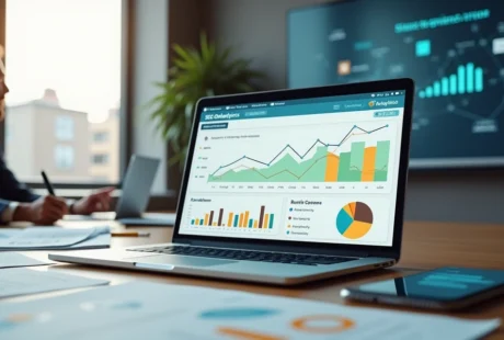 Profissional analisa painel de SEO com gráficos coloridos em notebook