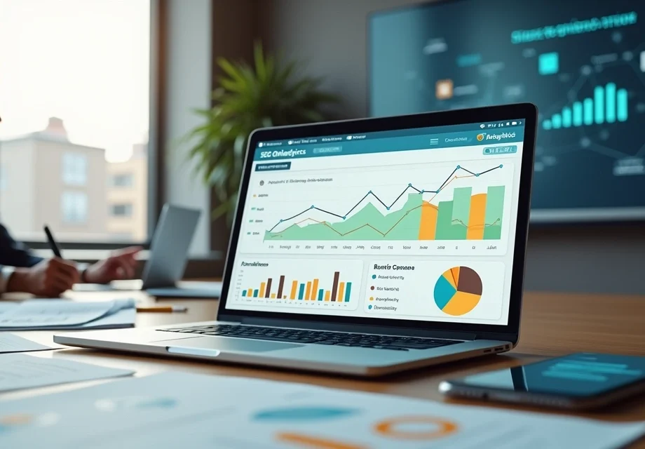 Profissional analisa painel de SEO com gráficos coloridos em notebook