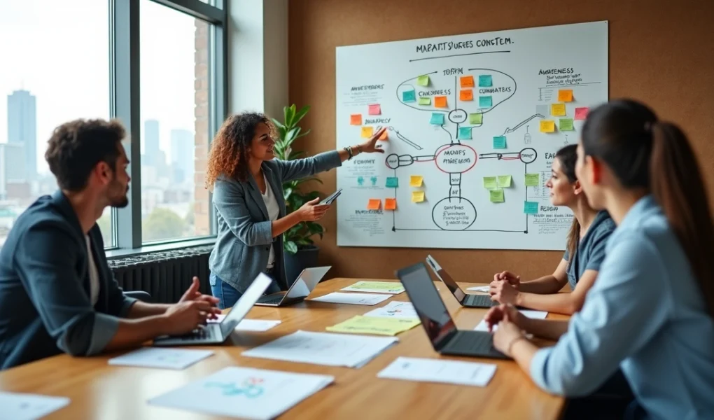 Equipe criativa planejando estratégia de inbound marketing com cartões coloridos em parede