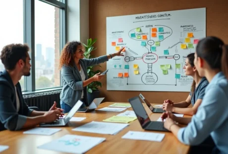 Equipe criativa planejando estratégia de inbound marketing com cartões coloridos em parede