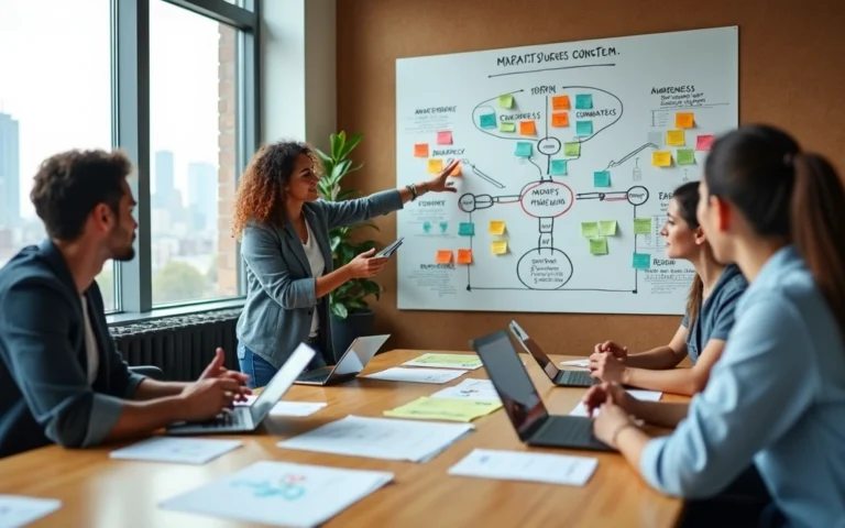 Equipe criativa planejando estratégia de inbound marketing com cartões coloridos em parede
