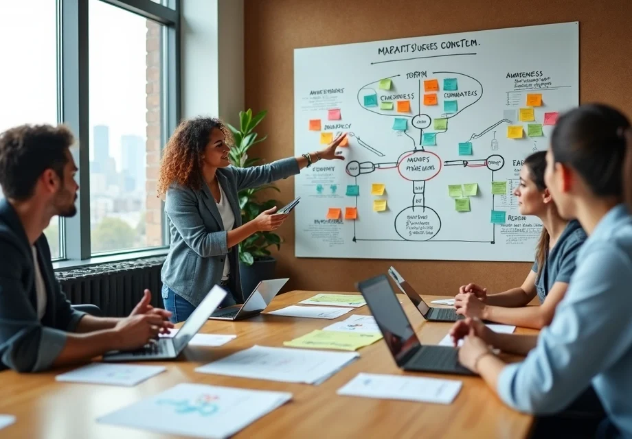 Equipe criativa planejando estratégia de inbound marketing com cartões coloridos em parede