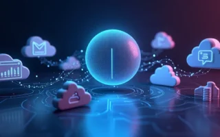 Fluxos de dados coloridos conectando ícones de SaaS em nuvens com ícone de IA no centro