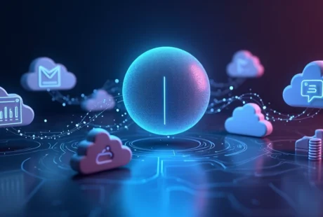 Fluxos de dados coloridos conectando ícones de SaaS em nuvens com ícone de IA no centro