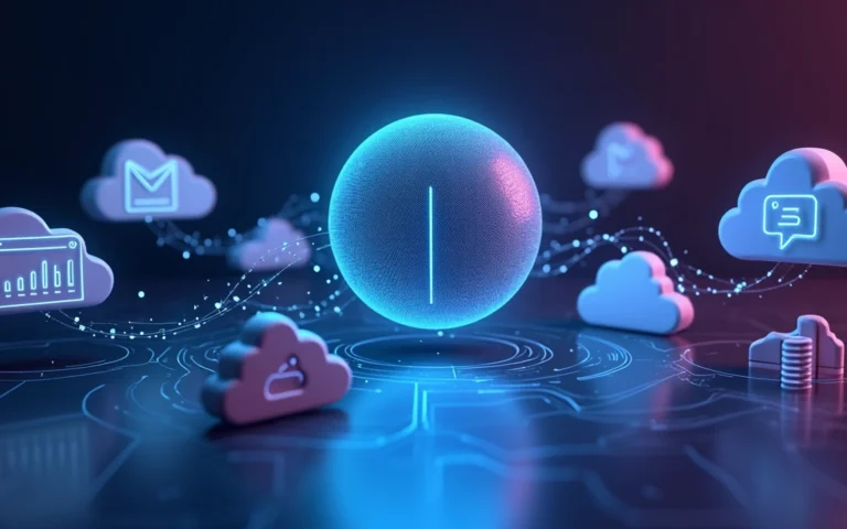 Fluxos de dados coloridos conectando ícones de SaaS em nuvens com ícone de IA no centro