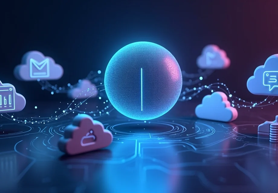 Fluxos de dados coloridos conectando ícones de SaaS em nuvens com ícone de IA no centro