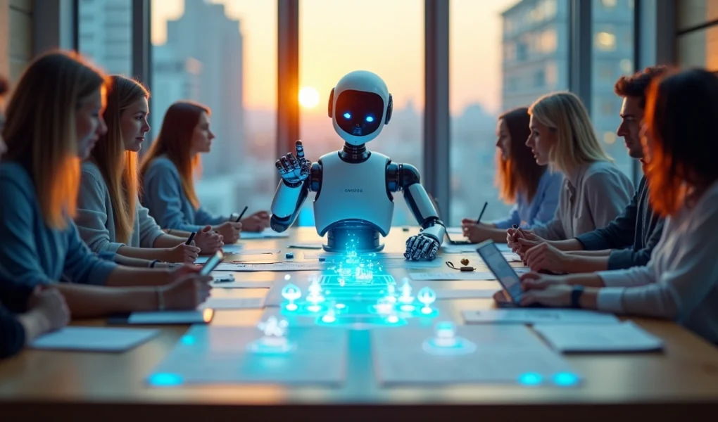 Robô projetando percurso de leads em mesa de trabalho criativa