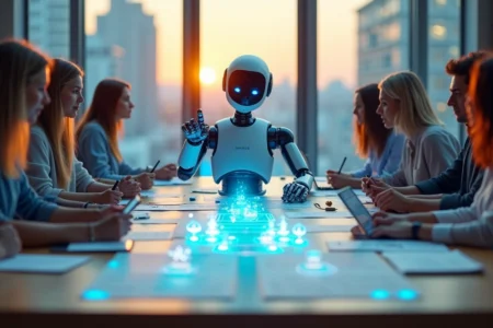 Robô projetando percurso de leads em mesa de trabalho criativa