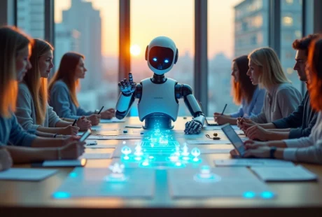 Robô projetando percurso de leads em mesa de trabalho criativa