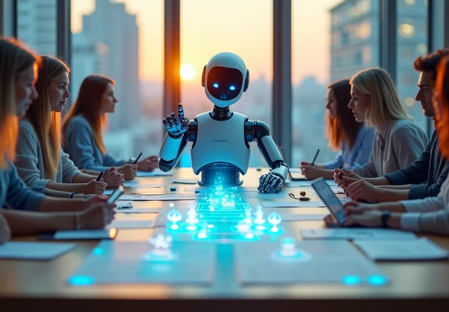 Robô projetando percurso de leads em mesa de trabalho criativa