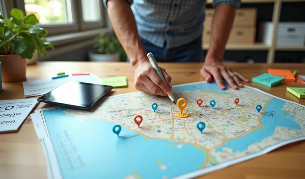 Empreendedor observa mapa da cidade com ícones de localização e destaques de SEO