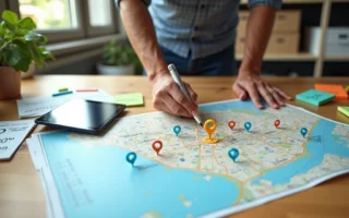 Empreendedor observa mapa da cidade com ícones de localização e destaques de SEO