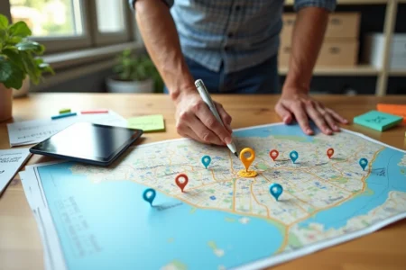 Empreendedor observa mapa da cidade com ícones de localização e destaques de SEO