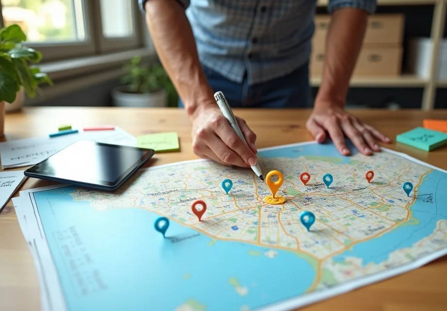 Empreendedor observa mapa da cidade com ícones de localização e destaques de SEO