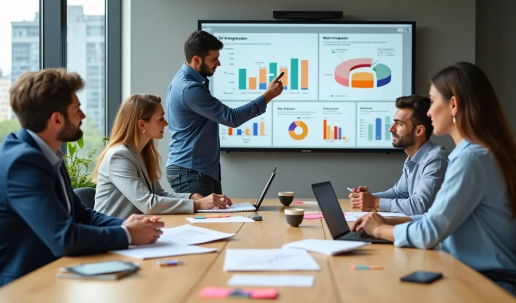 Pequeno empresário em reunião com equipe de agência de marketing digital