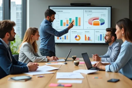 Pequeno empresário em reunião com equipe de agência de marketing digital