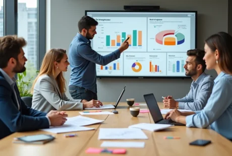 Pequeno empresário em reunião com equipe de agência de marketing digital