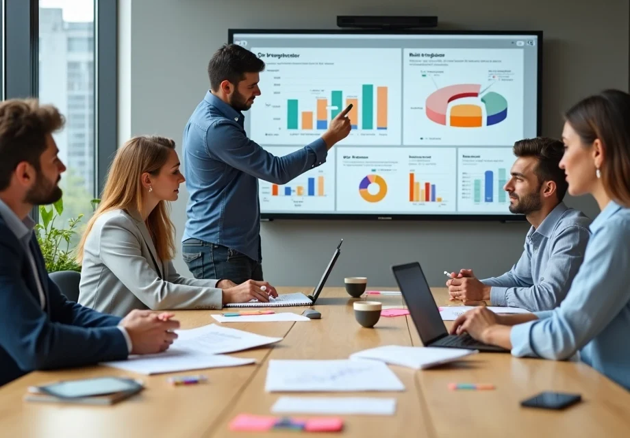 Pequeno empresário em reunião com equipe de agência de marketing digital