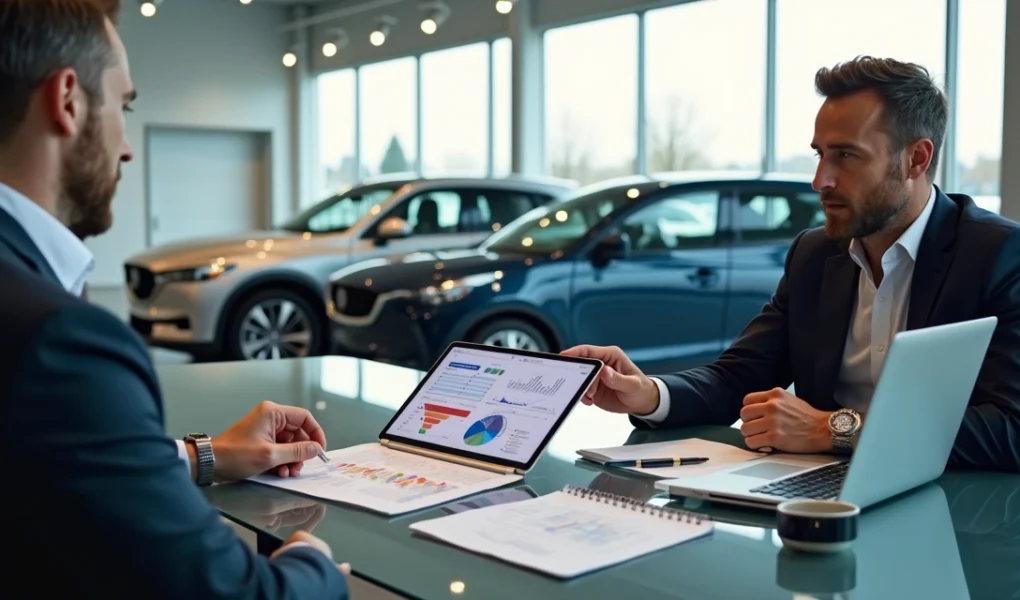 Gestor de concessionária analisando plano de marketing digital ao lado de carros em showroom