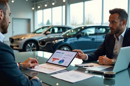 Gestor de concessionária analisando plano de marketing digital ao lado de carros em showroom