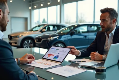 Gestor de concessionária analisando plano de marketing digital ao lado de carros em showroom