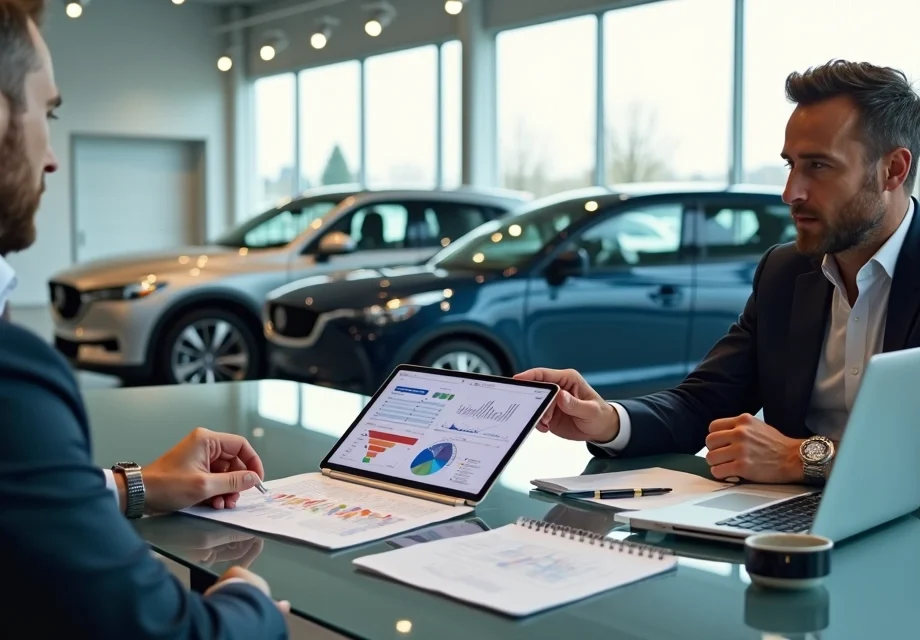 Gestor de concessionária analisando plano de marketing digital ao lado de carros em showroom