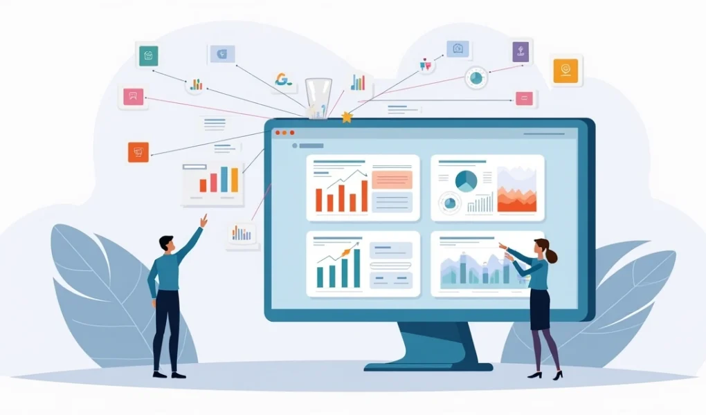 Ilustração com dashboards de marketing conectados por fluxos de dados coloridos