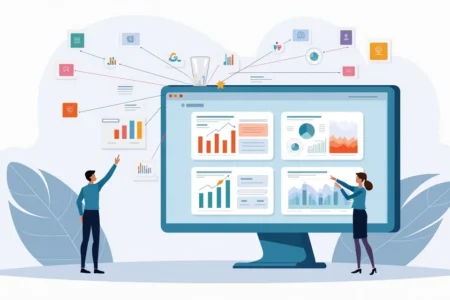 Ilustração com dashboards de marketing conectados por fluxos de dados coloridos
