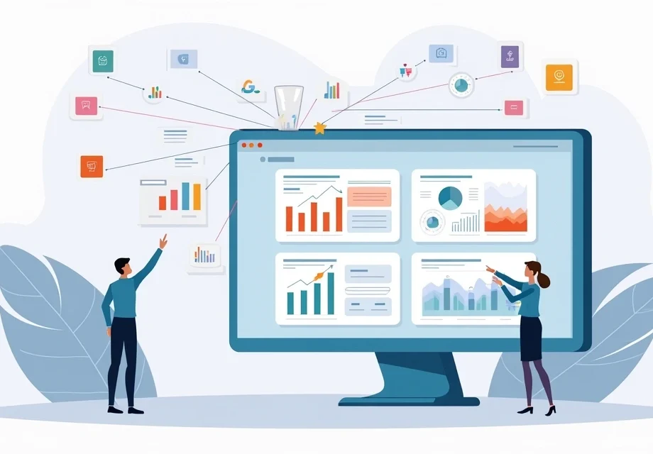 Ilustração com dashboards de marketing conectados por fluxos de dados coloridos